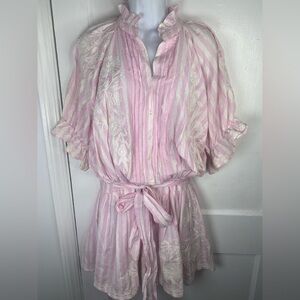 Juliet Dunn London Blouson Pink and White Striped Embroidered Tie-Waist Dress